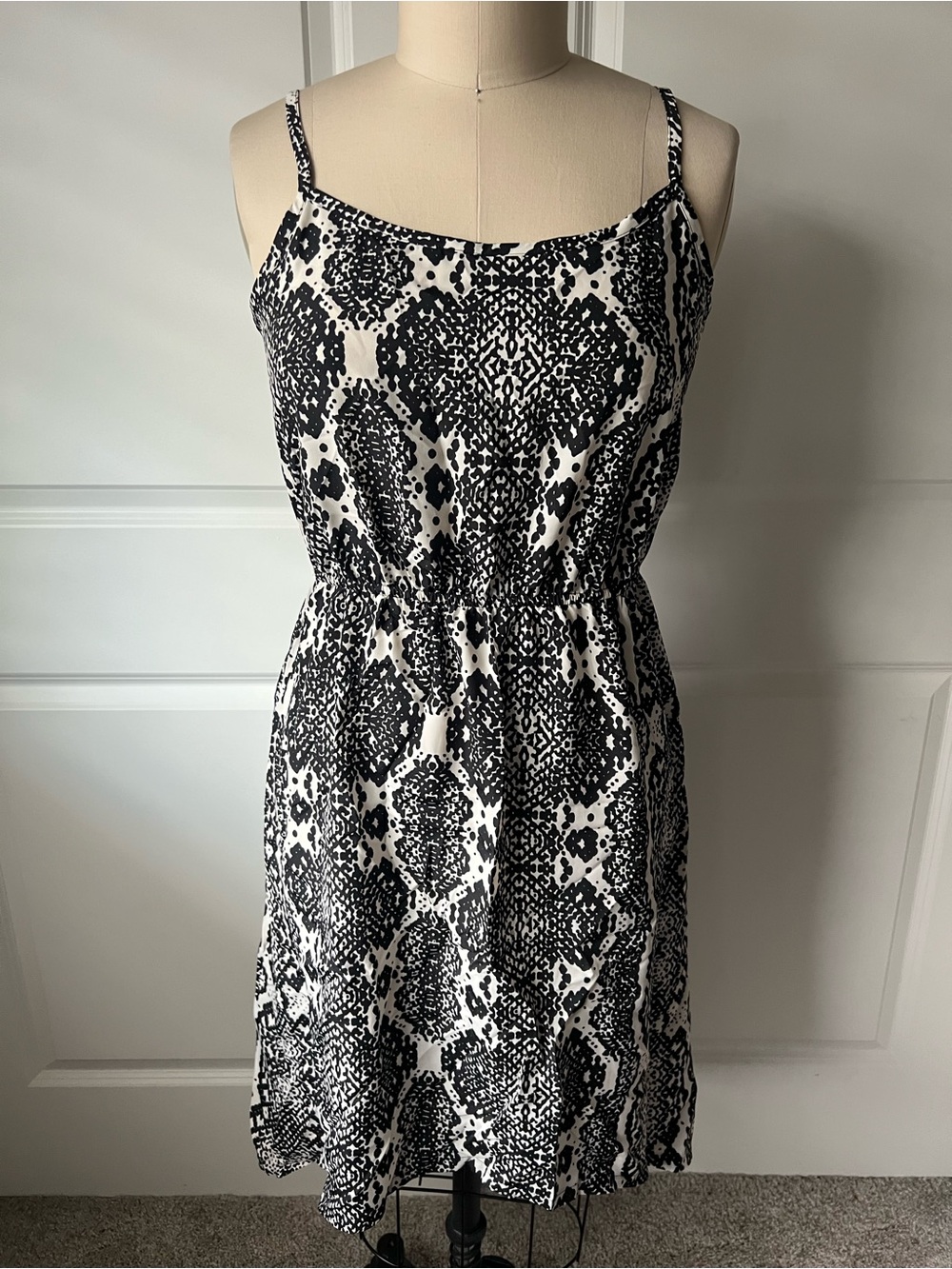 LOFT Black and White Printed Spaghetti-Strap High Low Dress